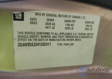 2004 Buick Century из США, поврежденный, VIN 2G4WS52J341202411